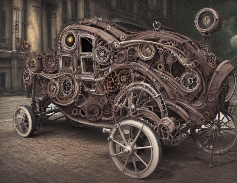 Steampunk-styled Carriage with Gears on Foggy Street