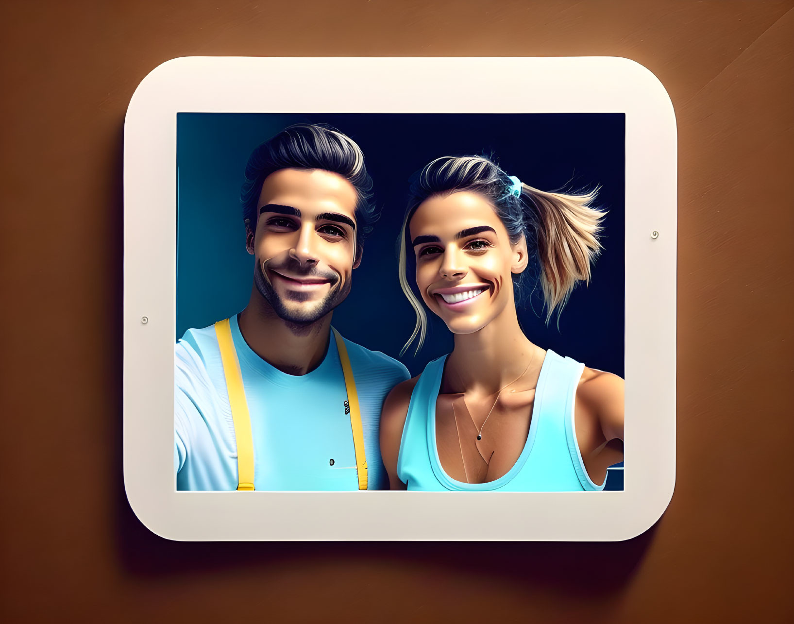 Smiling man and woman digital portrait on tablet against brown background