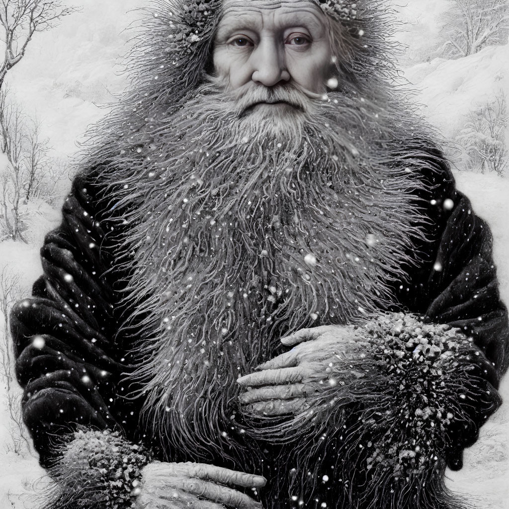 Elderly man with long beard in snowy landscape