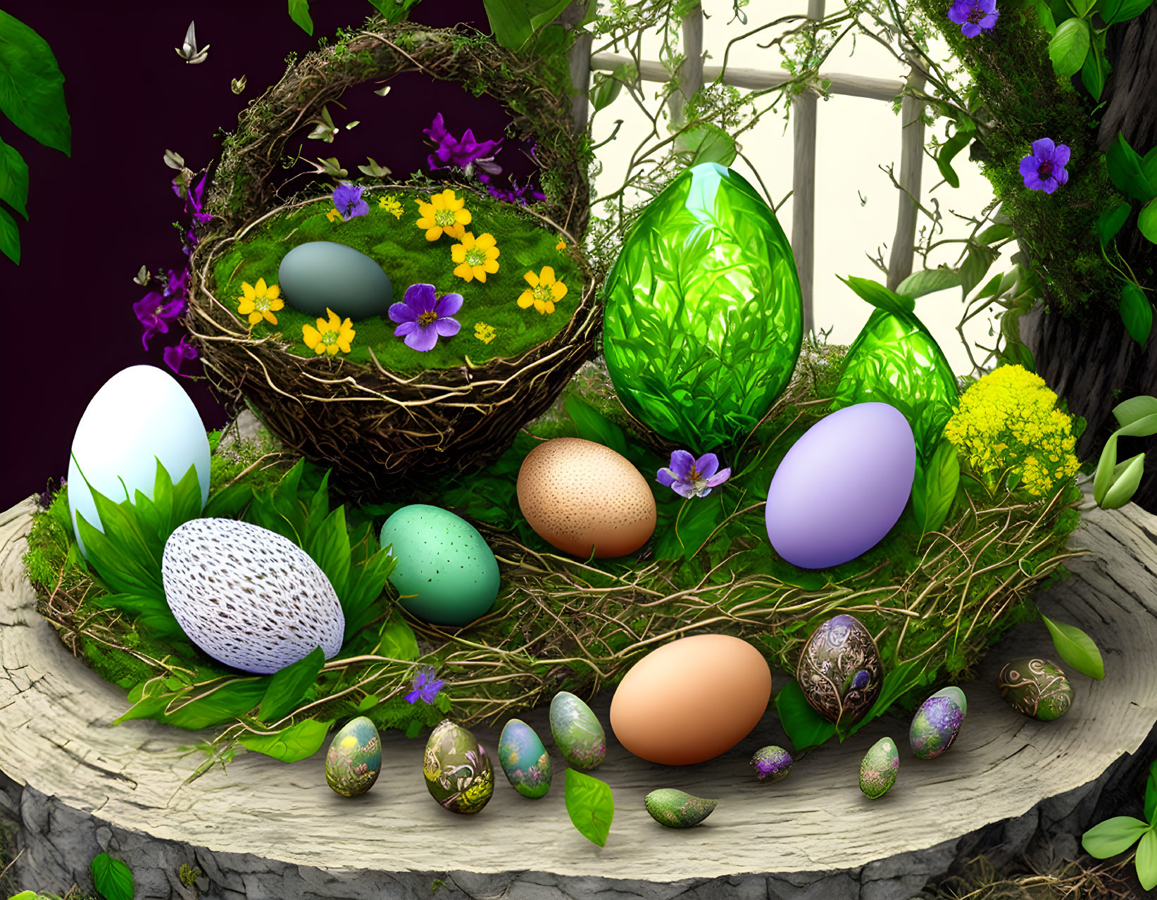 Colorful Easter Egg Display with Flowers on Tree Stump