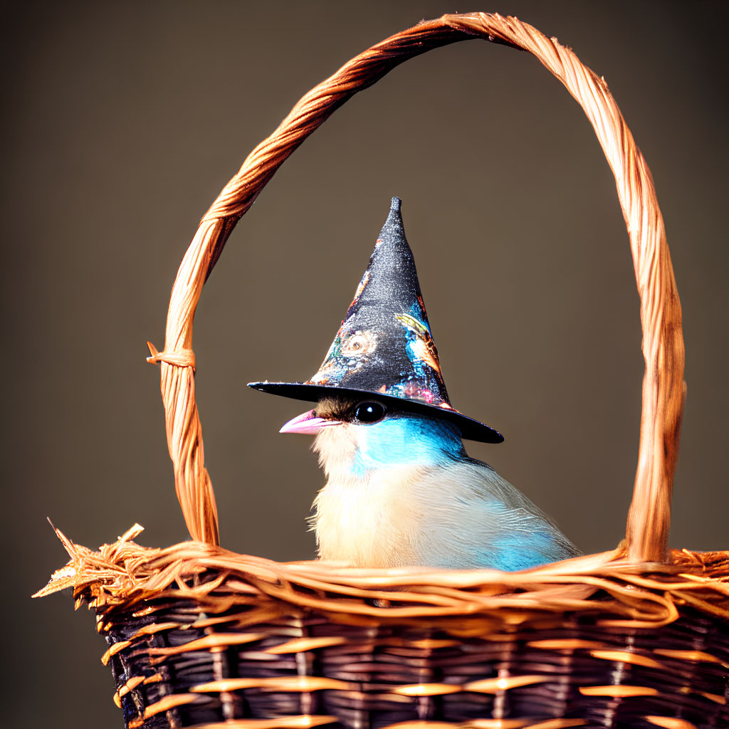 Bluebird in festive wizard hat perched in wicker basket on neutral backdrop