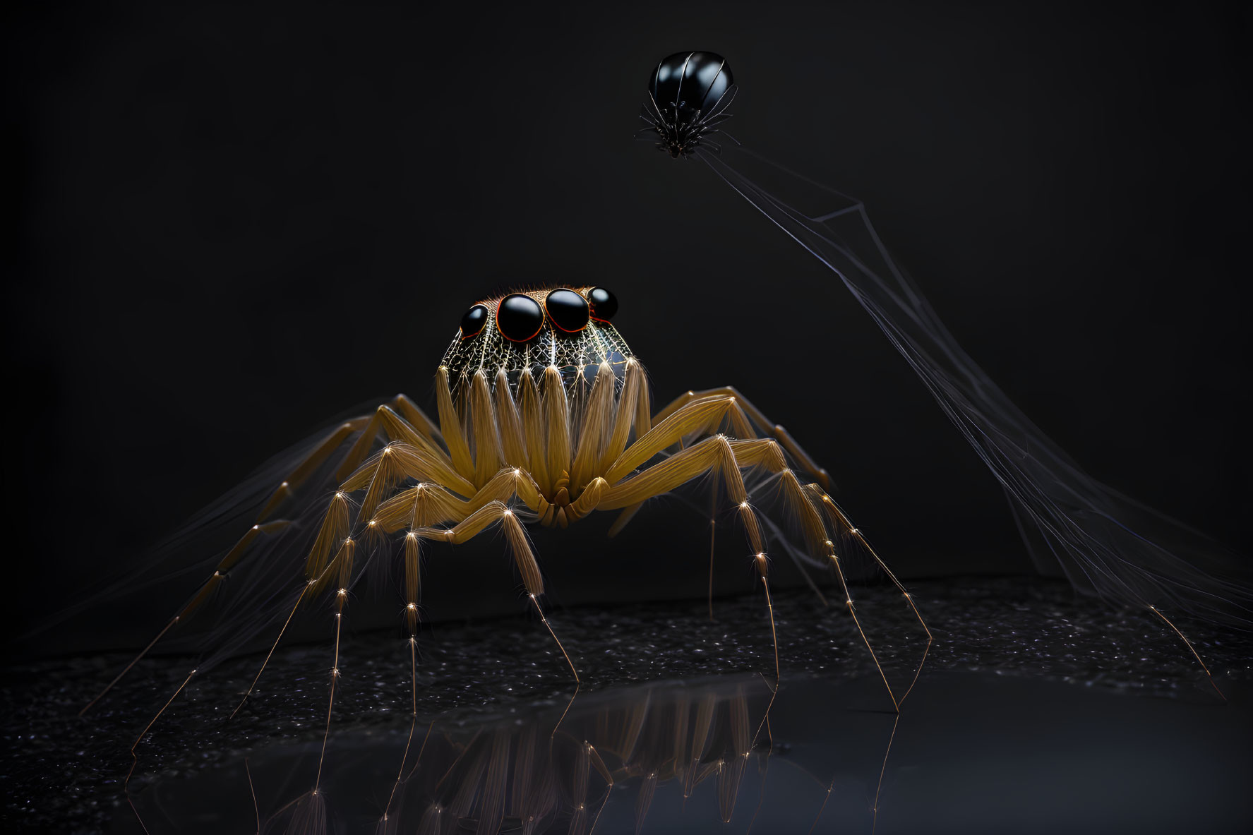 Realistic 3D-modeled jumping spider with bright reflective eyes and poised stance.