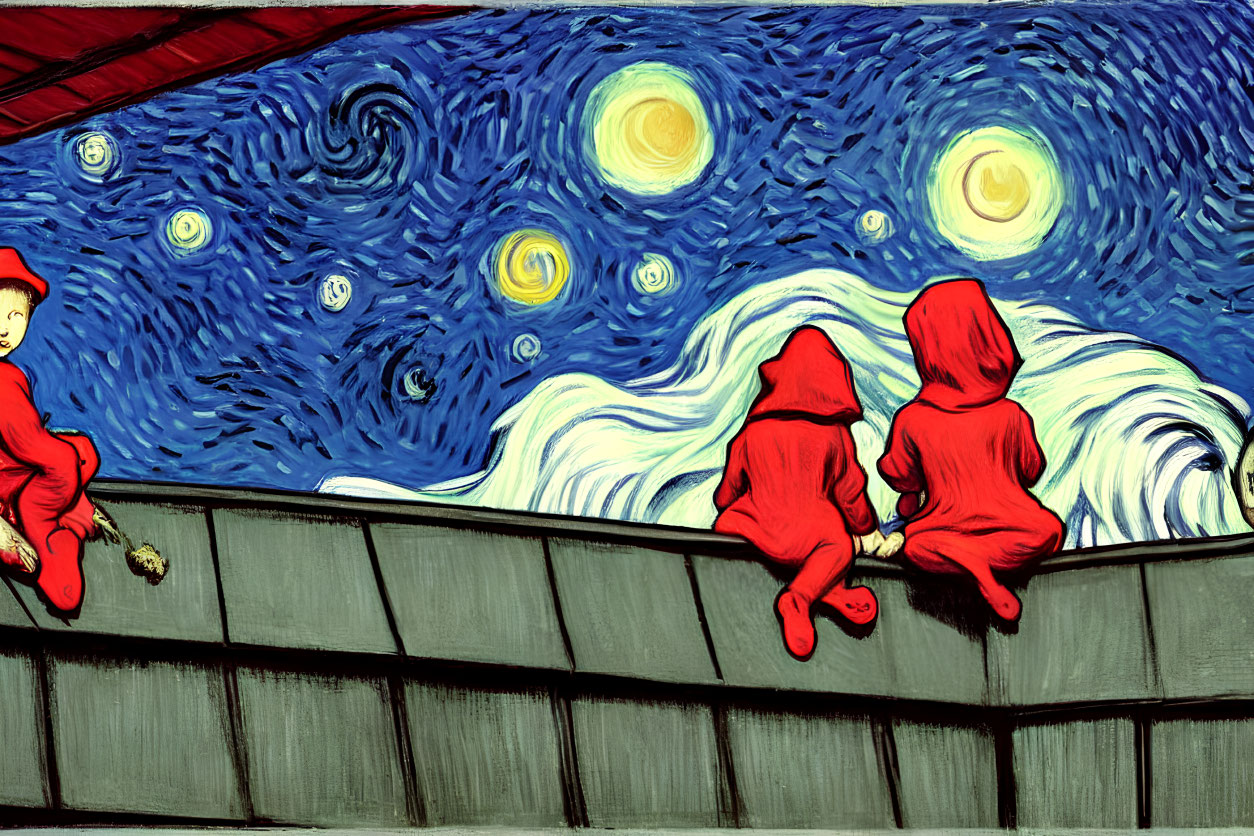 Three children on wall under starry night sky inspired by Van Gogh