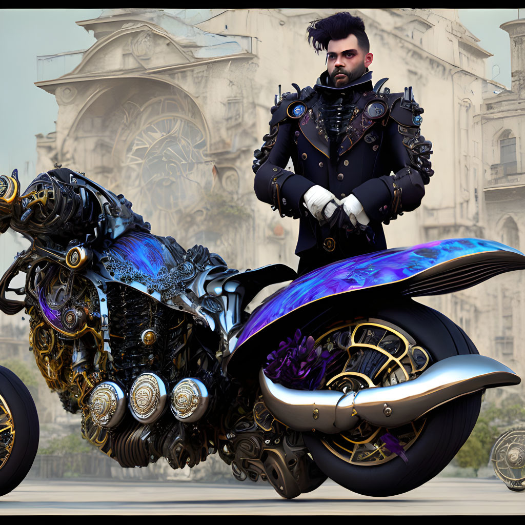 Man with Mohawk Hair in Steampunk Outfit on Futuristic Motorcycle