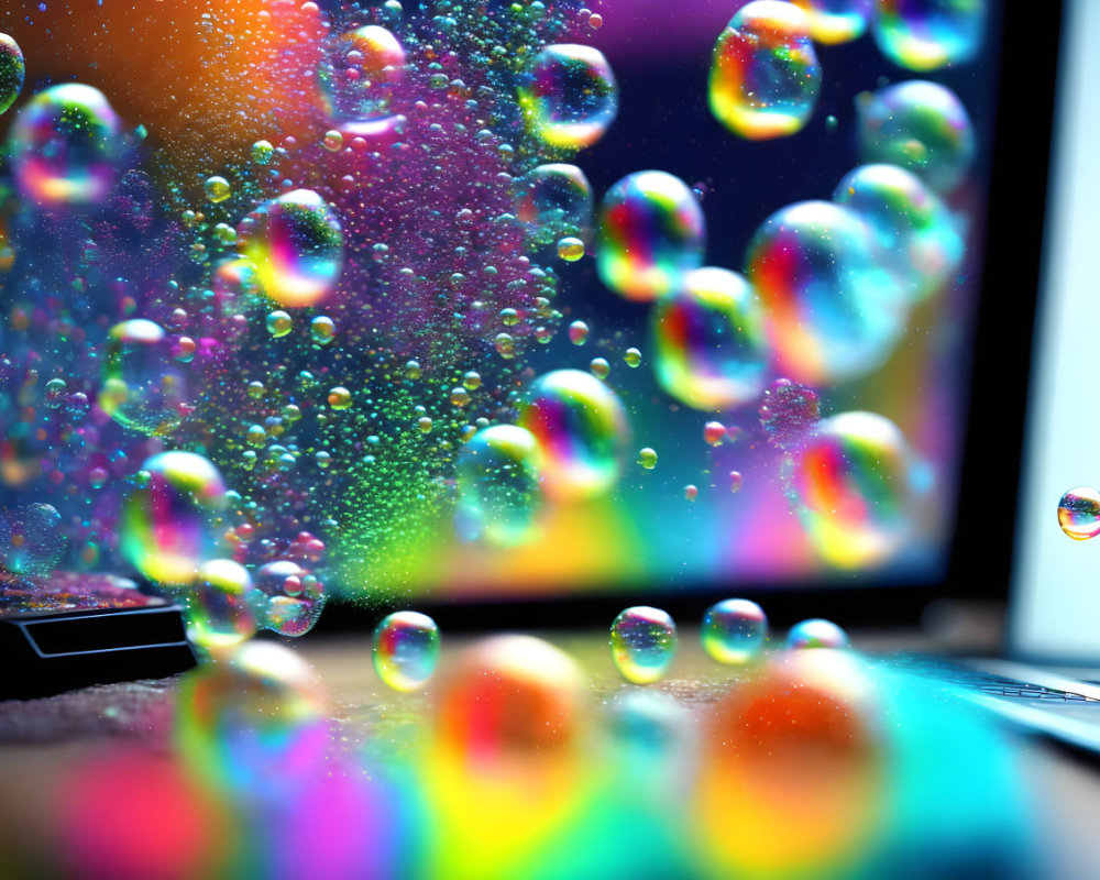 Colorful soap bubbles in front of computer screen with vibrant colors.