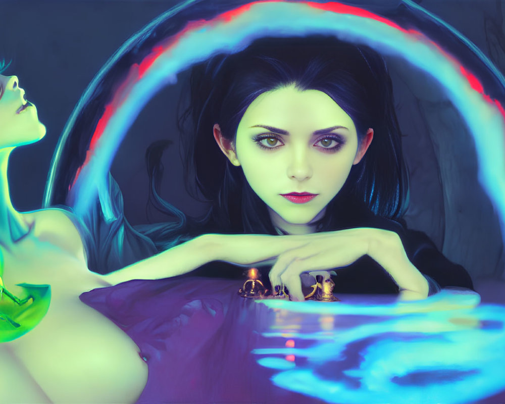 Fantastical digital artwork of two female figures with glowing aura and scorpion.