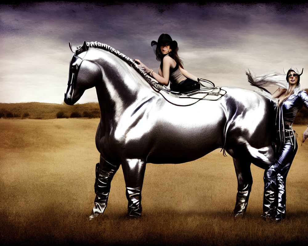 Cowboy hat person on silver horse with winged headpiece person in grassy field under cloudy sky