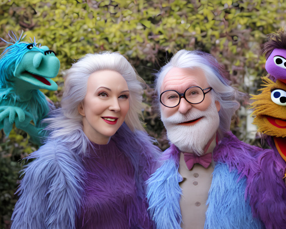 Silver-haired puppet-styled figures with colorful fur posing with puppets against foliage.