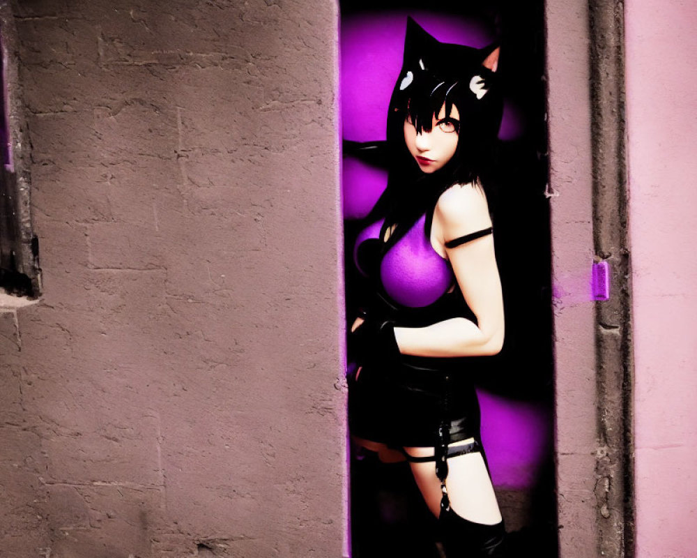 Person in Black Cat Costume Stands in Purple-Lit Doorway