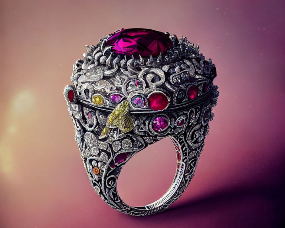 Silver Ring with Filigree Design & Purple Gemstone