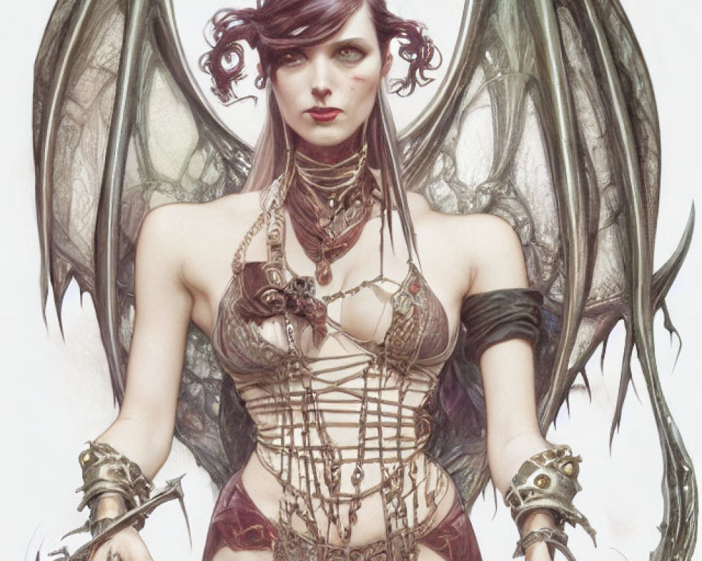 Fantasy illustration of female character with wings in intricate armor and claw-like weapons