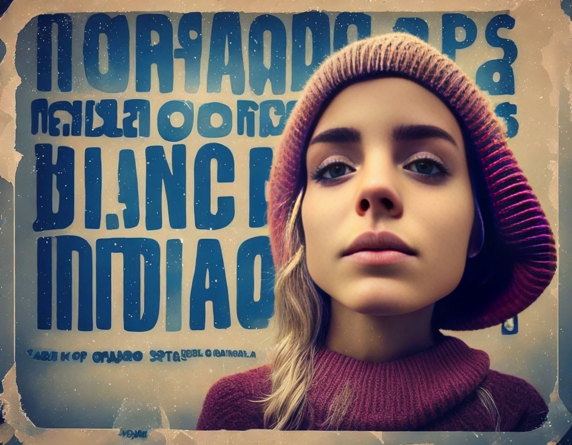 Young Woman in Pink Beanie and Maroon Sweater on Blue Text Background