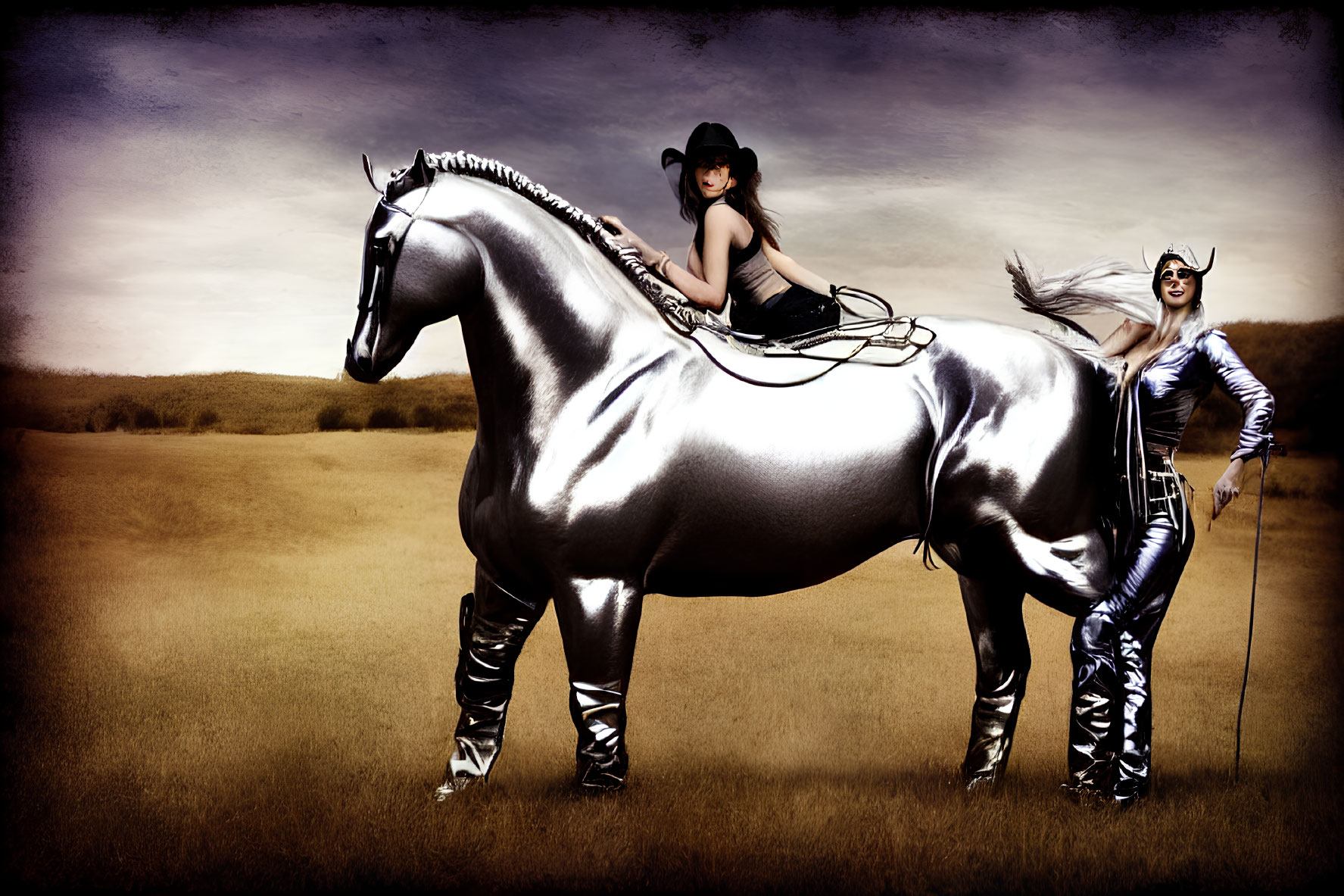 Cowboy hat person on silver horse with winged headpiece person in grassy field under cloudy sky