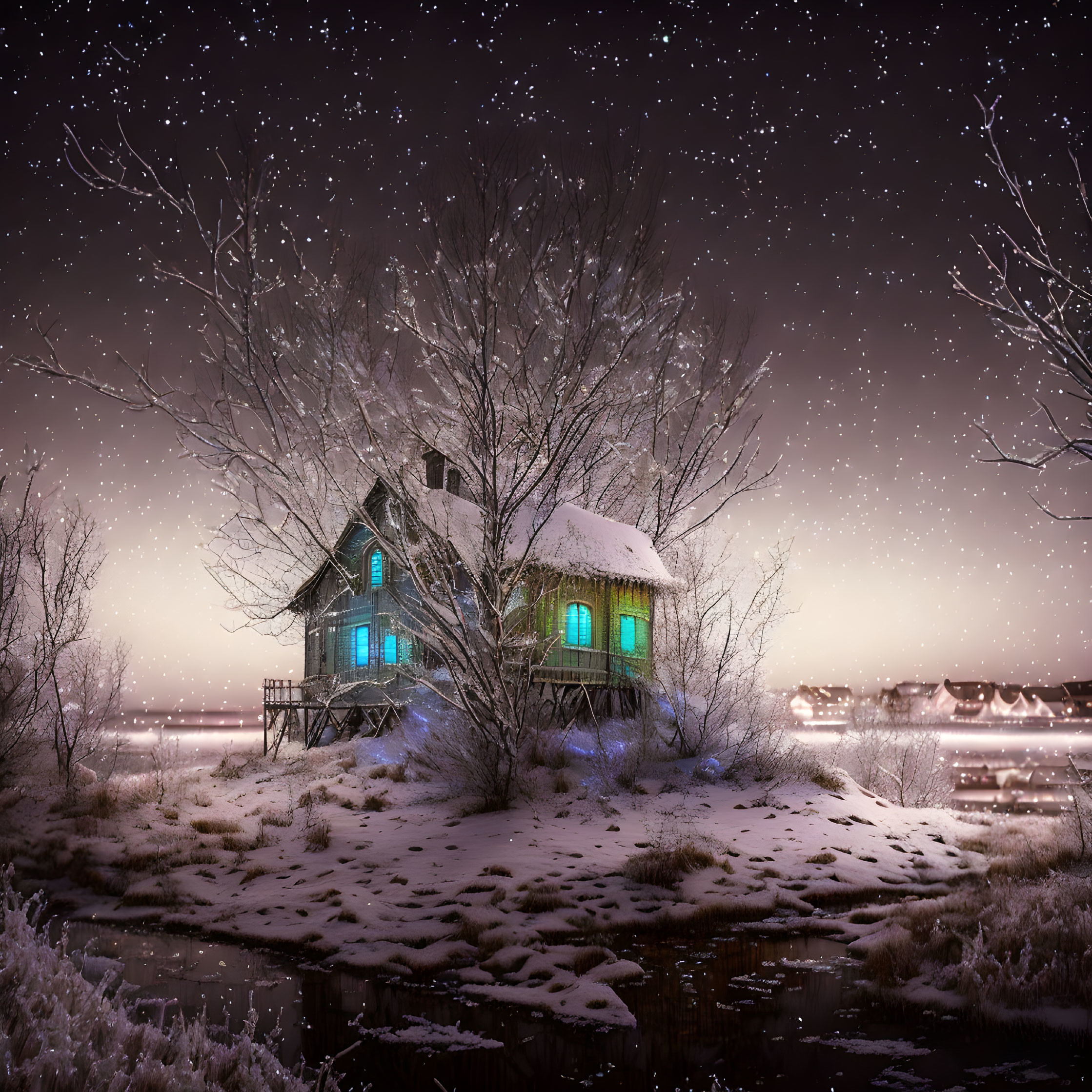 Secluded Two-Story House with Blue Windows in Snowy Twilight