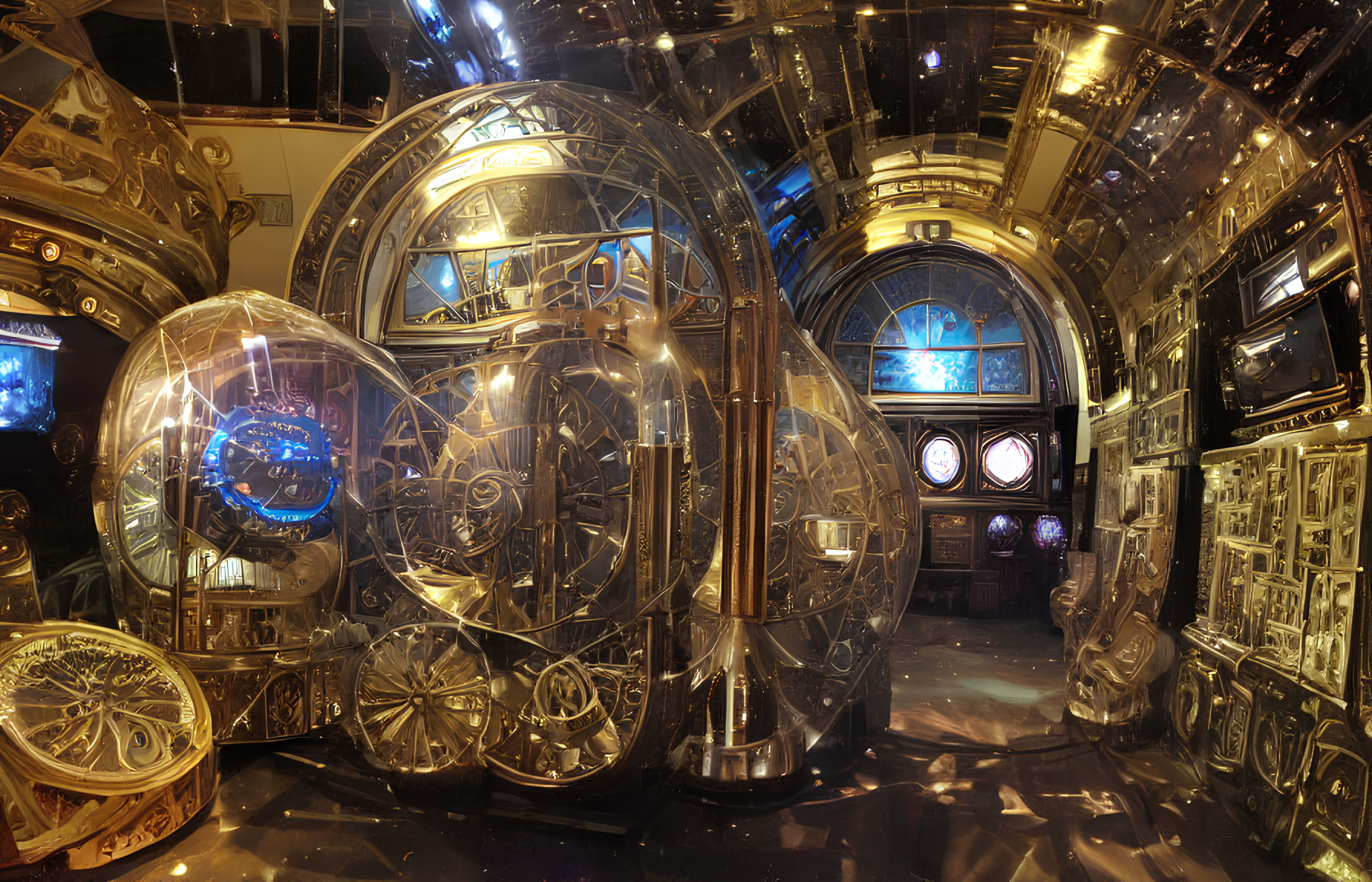 Intricate steampunk room with metallic gears, glass portals, and glowing screens