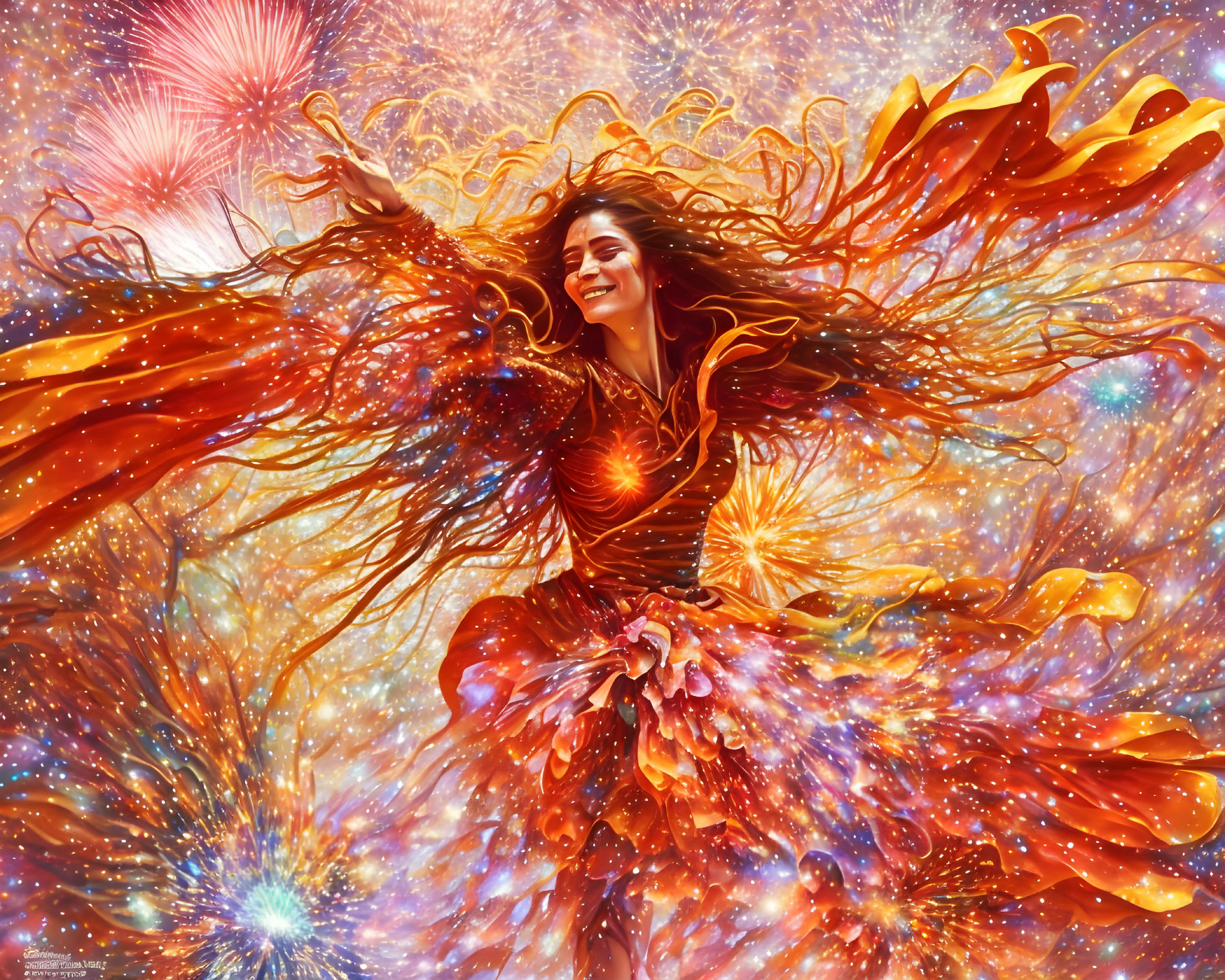 Vibrant cosmic scene with joyful woman and fiery hair