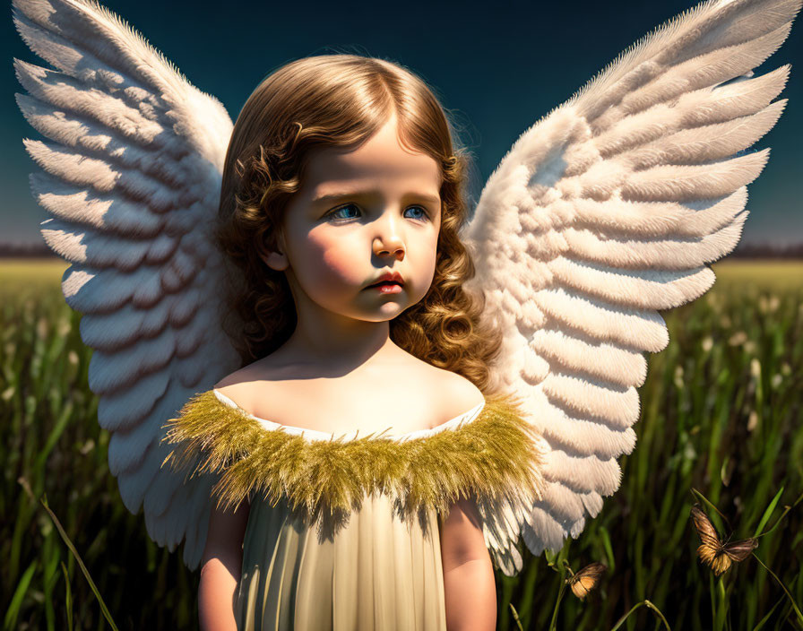 Child with angel wings in serene field under blue sky