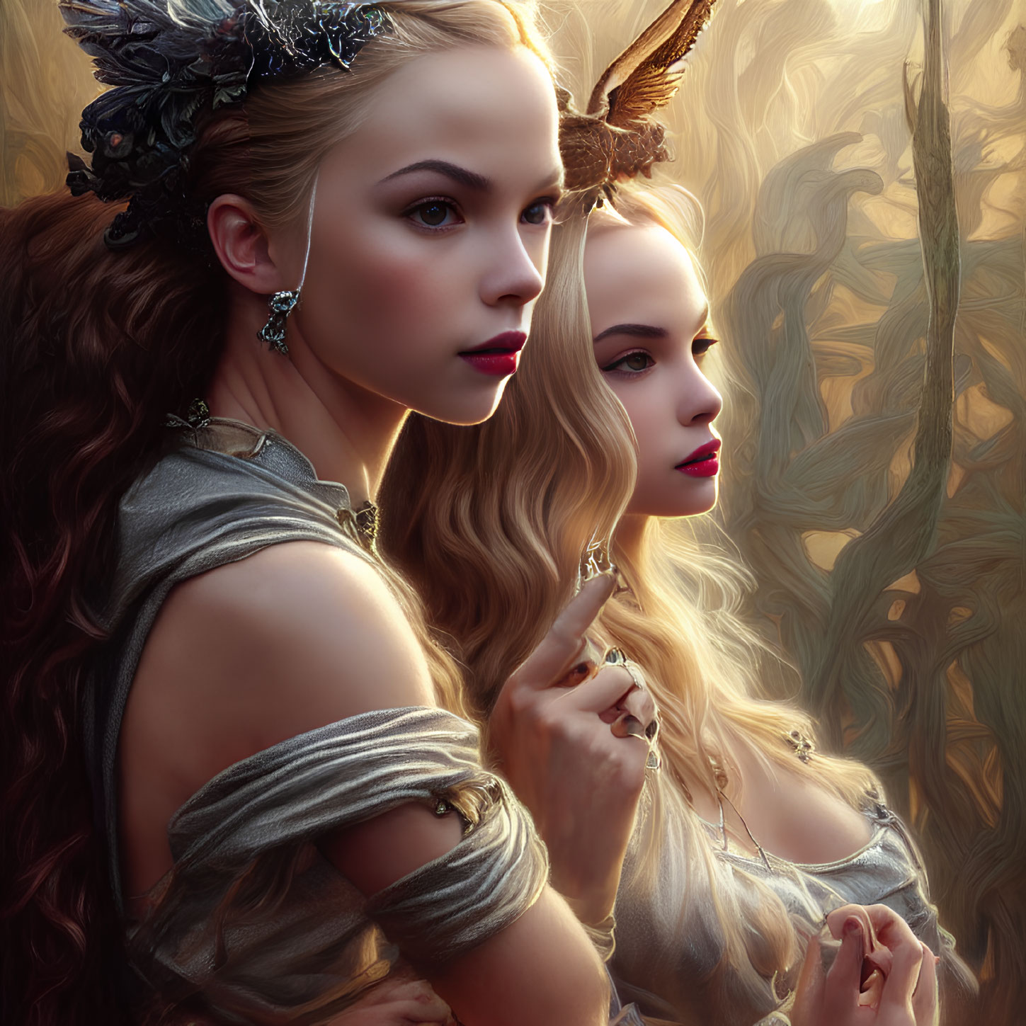 Ethereal women with elaborate hairstyles in fantasy attire in mystic forest