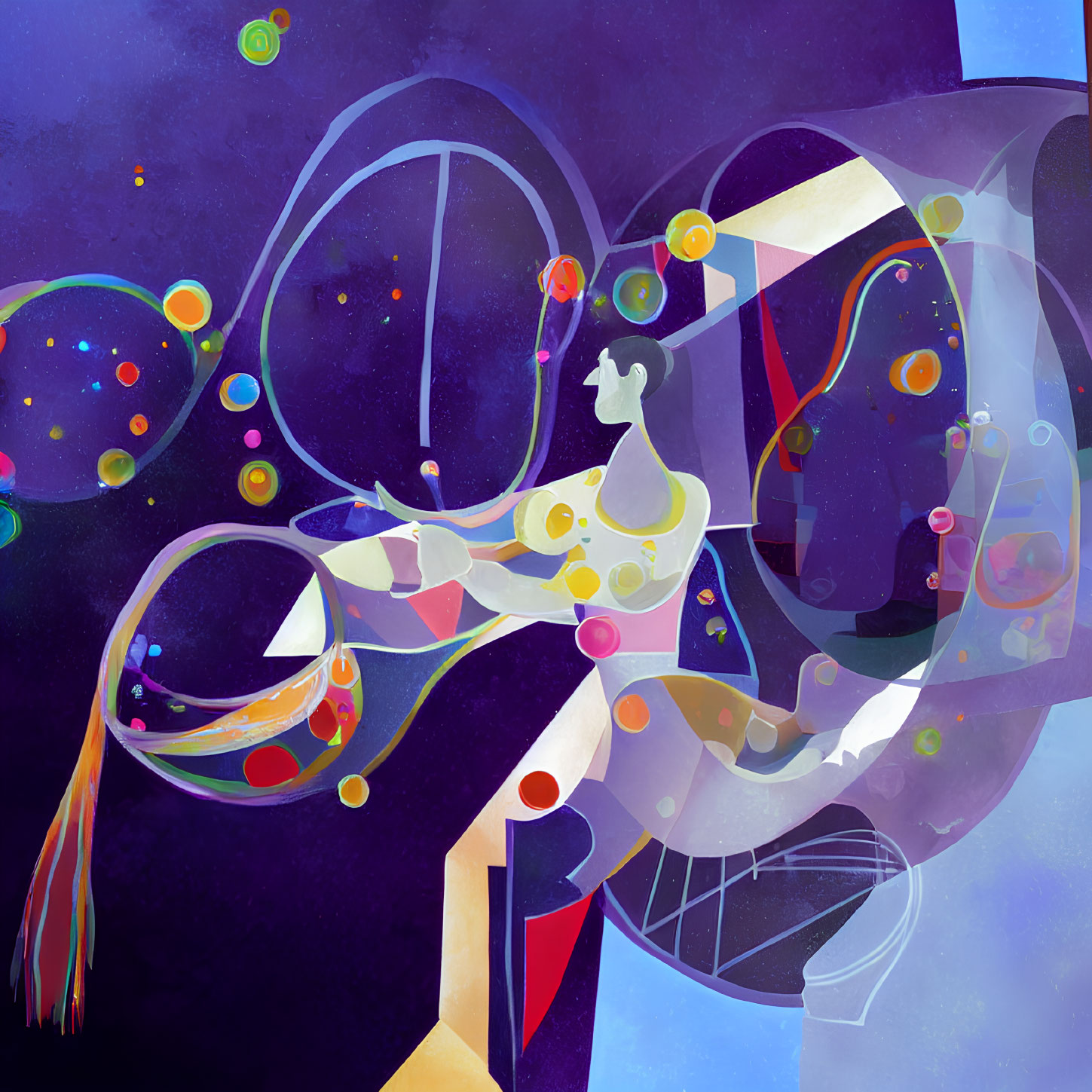 Colorful Artwork: Person merging with abstract shapes and bubbles