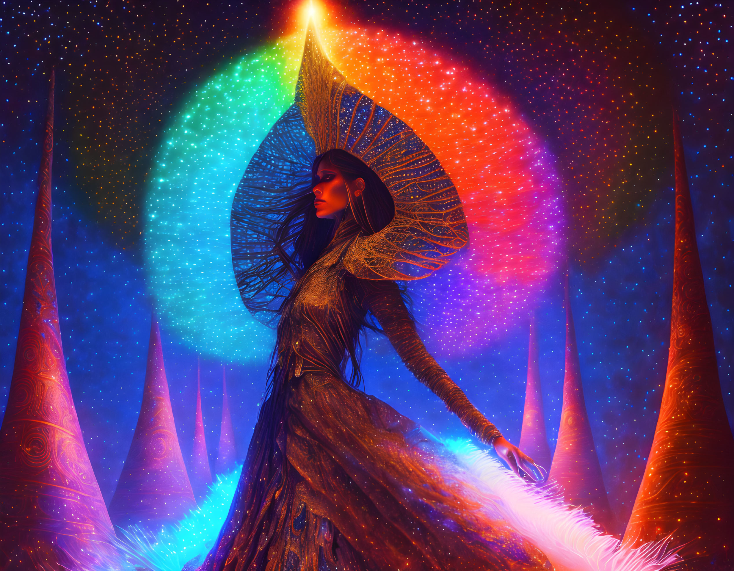 Woman with luminous headdress in cosmic setting surrounded by stars and abstract structures