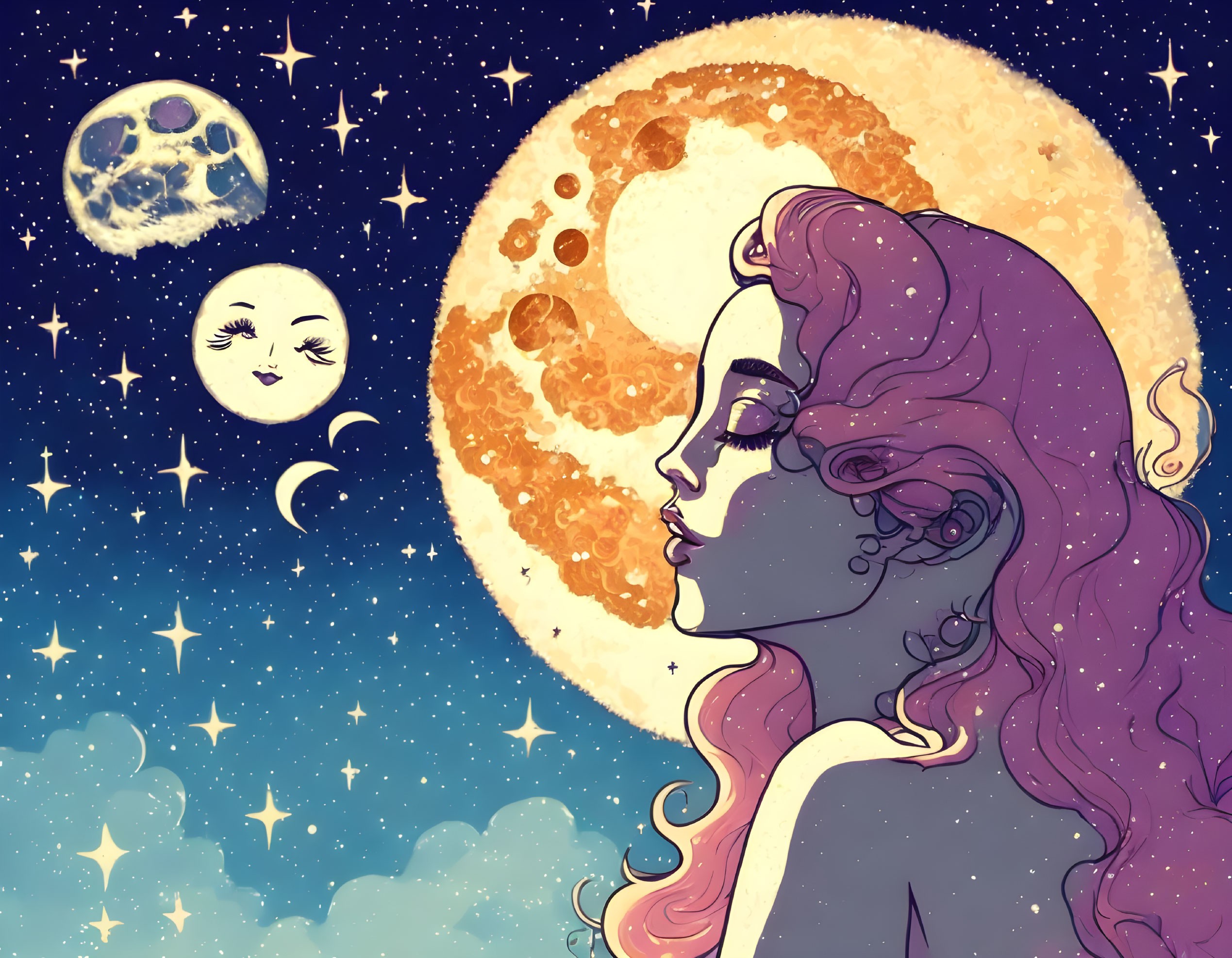 Stylized purple-haired woman profile against moon and stars
