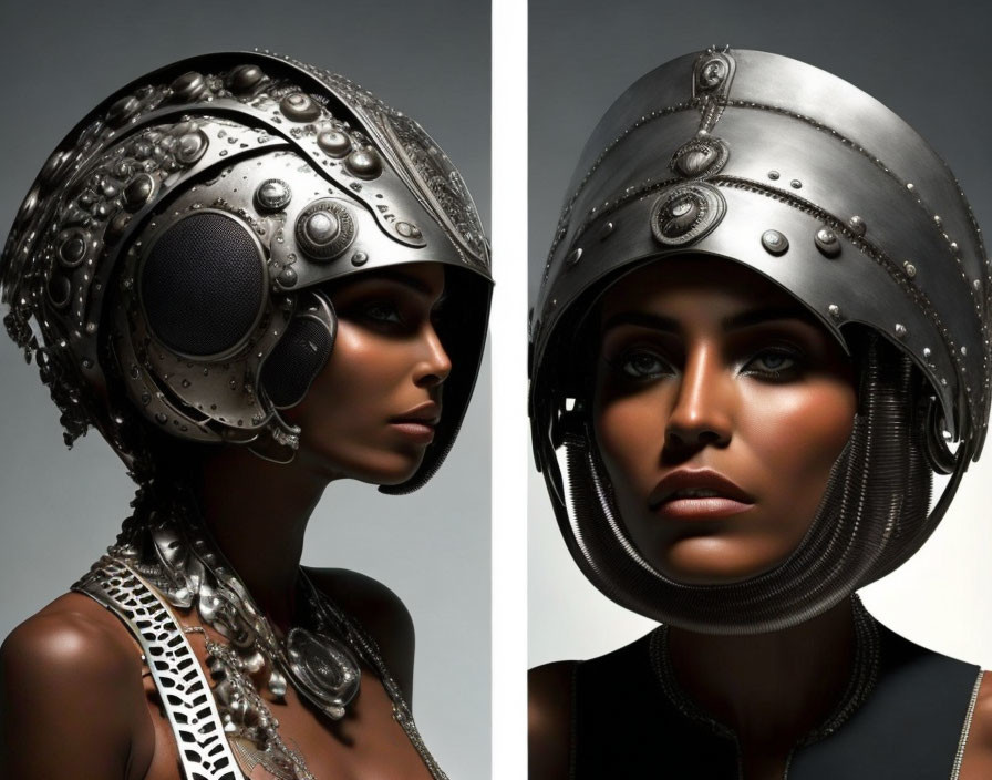 Futuristic metallic helmet with mesh visor and shoulder-grazing earrings