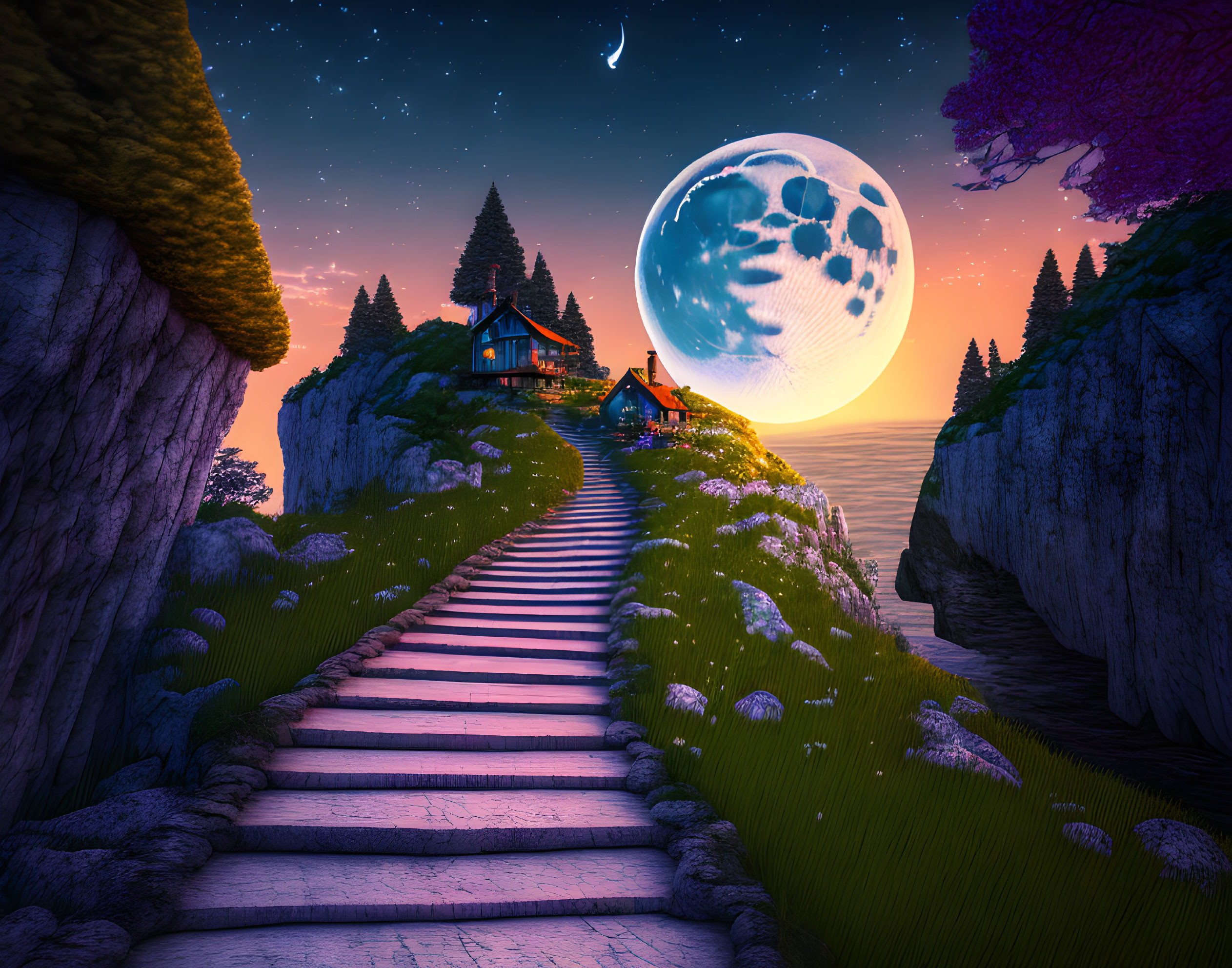 Surreal landscape with moon, starry sky, cliff-top house, staircase, vibrant trees