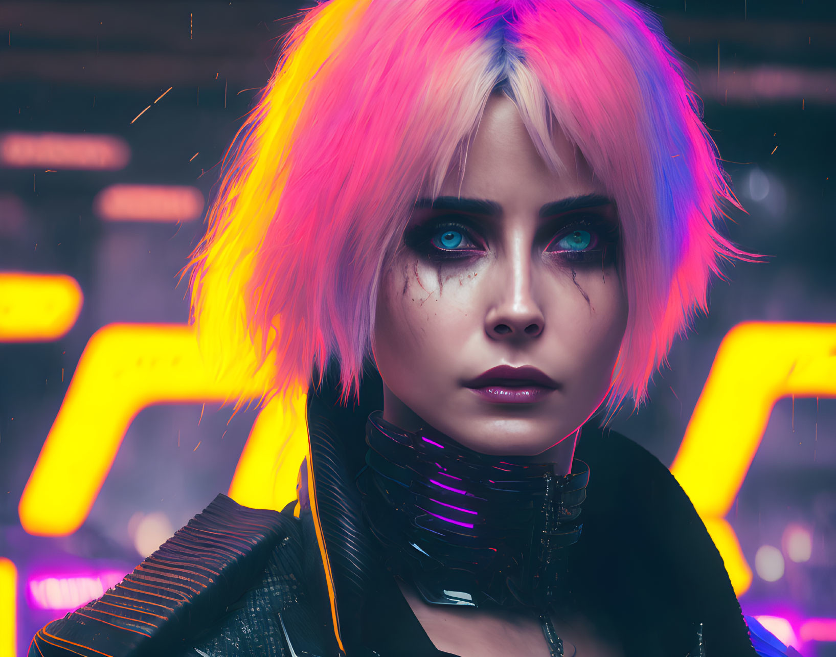 Futuristic woman with neon hair and blue eyes in cityscape