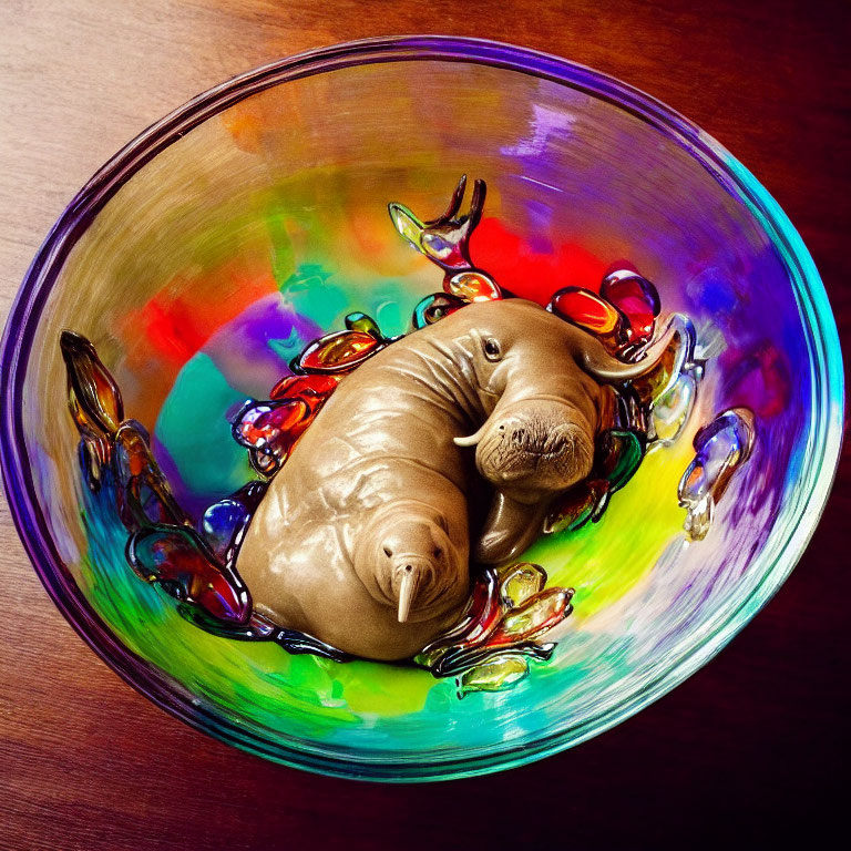 Vibrant glass bowl with walrus figurine and colorful stones on wood surface