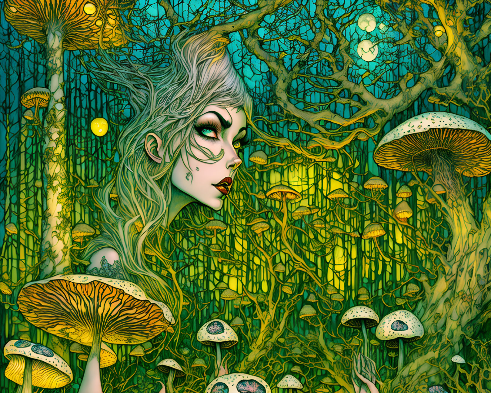 Fantastical illustration of woman in luminous mushroom forest