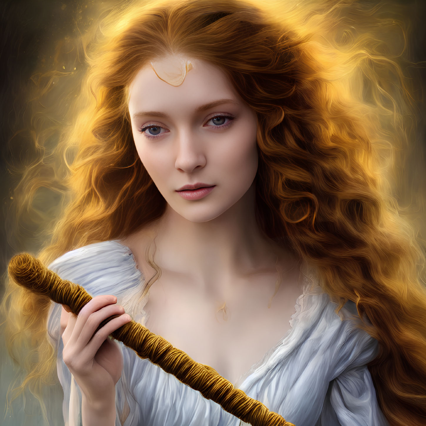 Digital portrait of a woman with long wavy red hair holding a golden staff in a white dress with