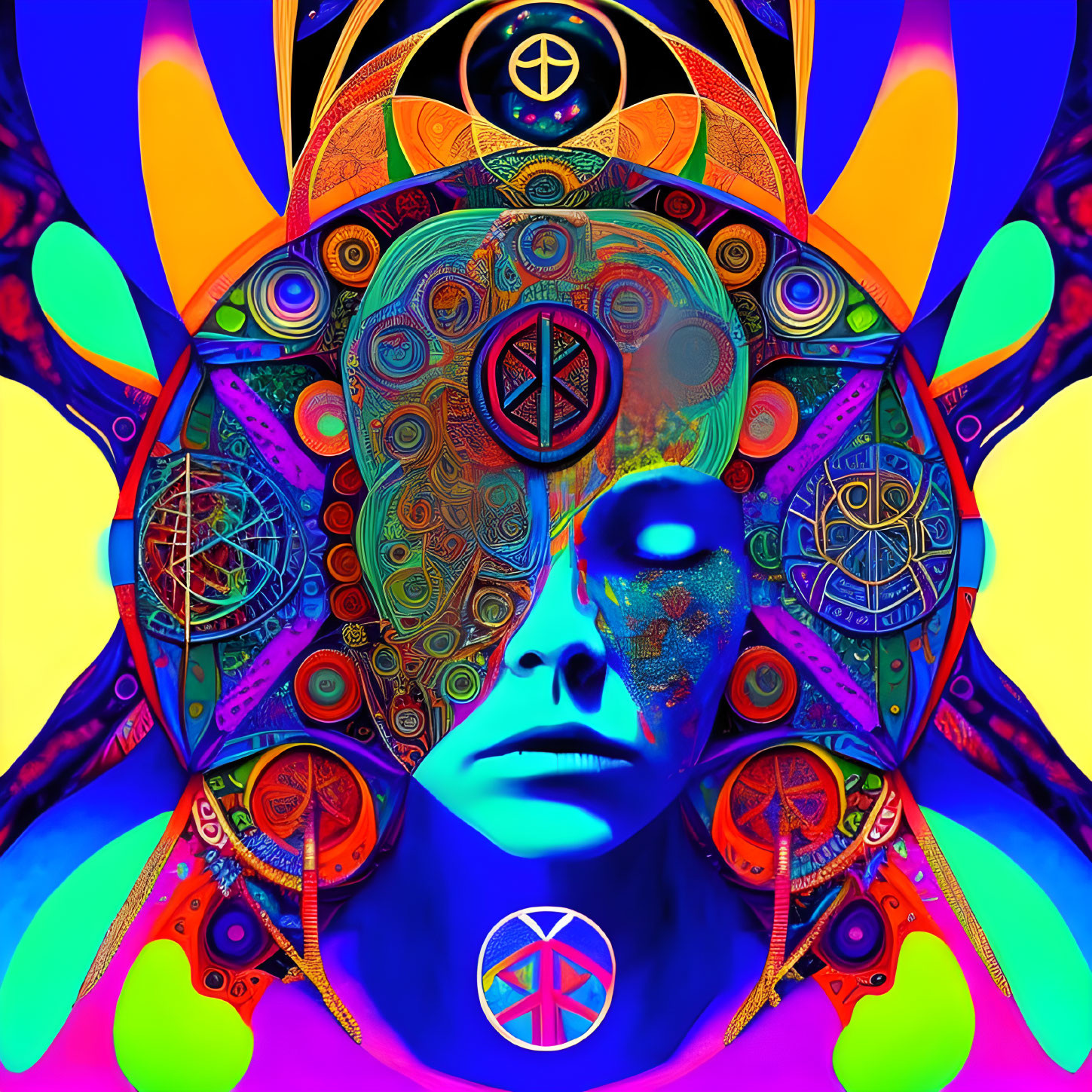 Colorful Psychedelic Digital Art: Blue-faced Figure & Mandalas