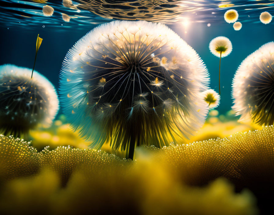 Ethereal underwater scene with dandelion-like structures and glowing bubbles in blue backdrop