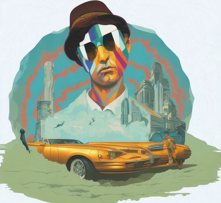 Colorful Striped Man Illustration with Classic Car and Futuristic Buildings