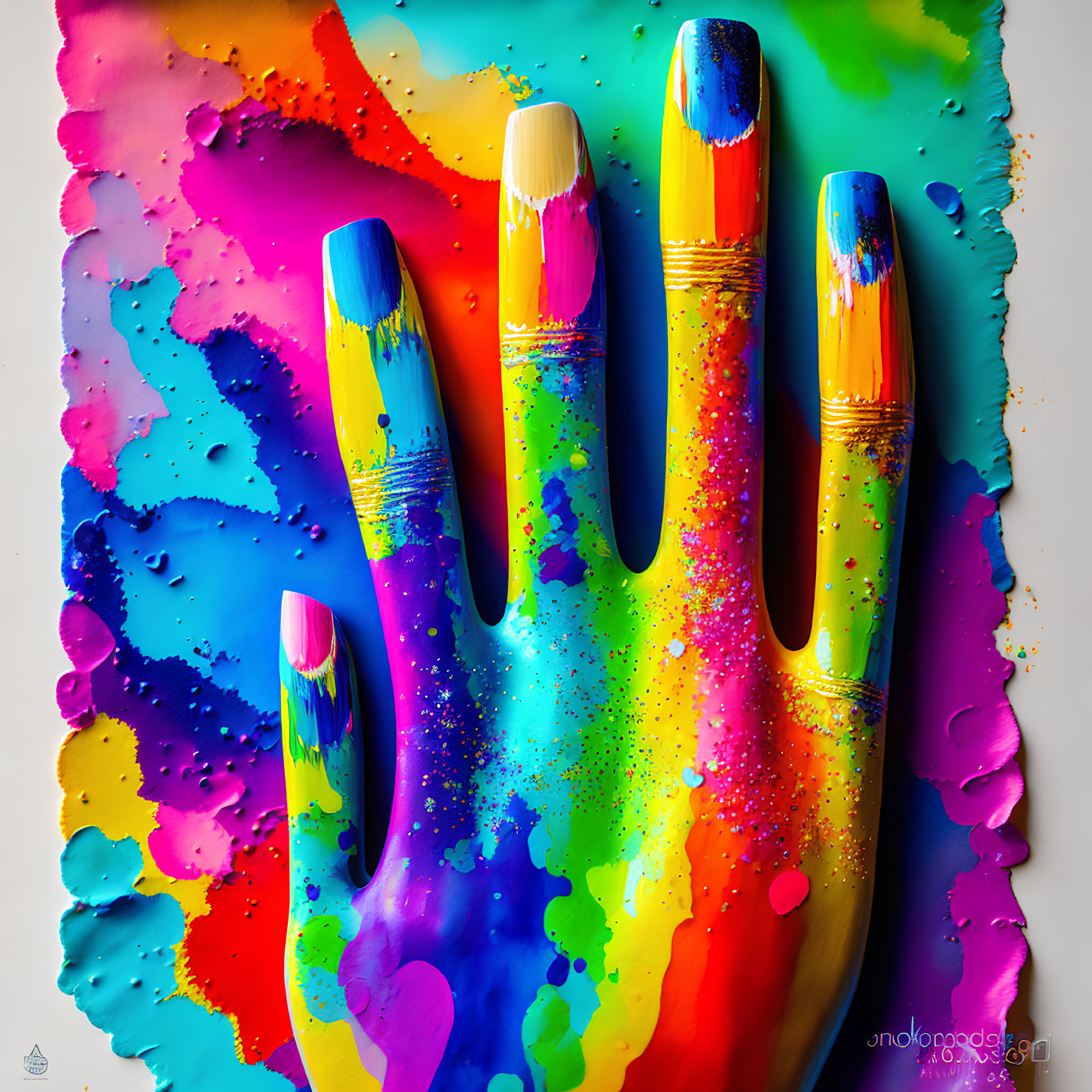 Colorful paint-splattered hand against vibrant backdrop