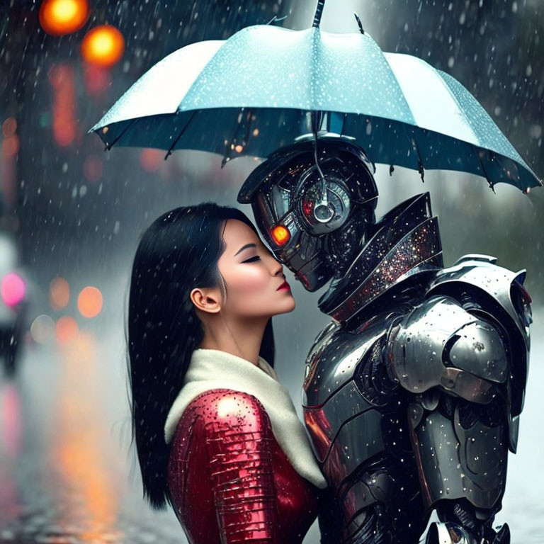 Woman kissing robot under blue umbrella in rainy city street