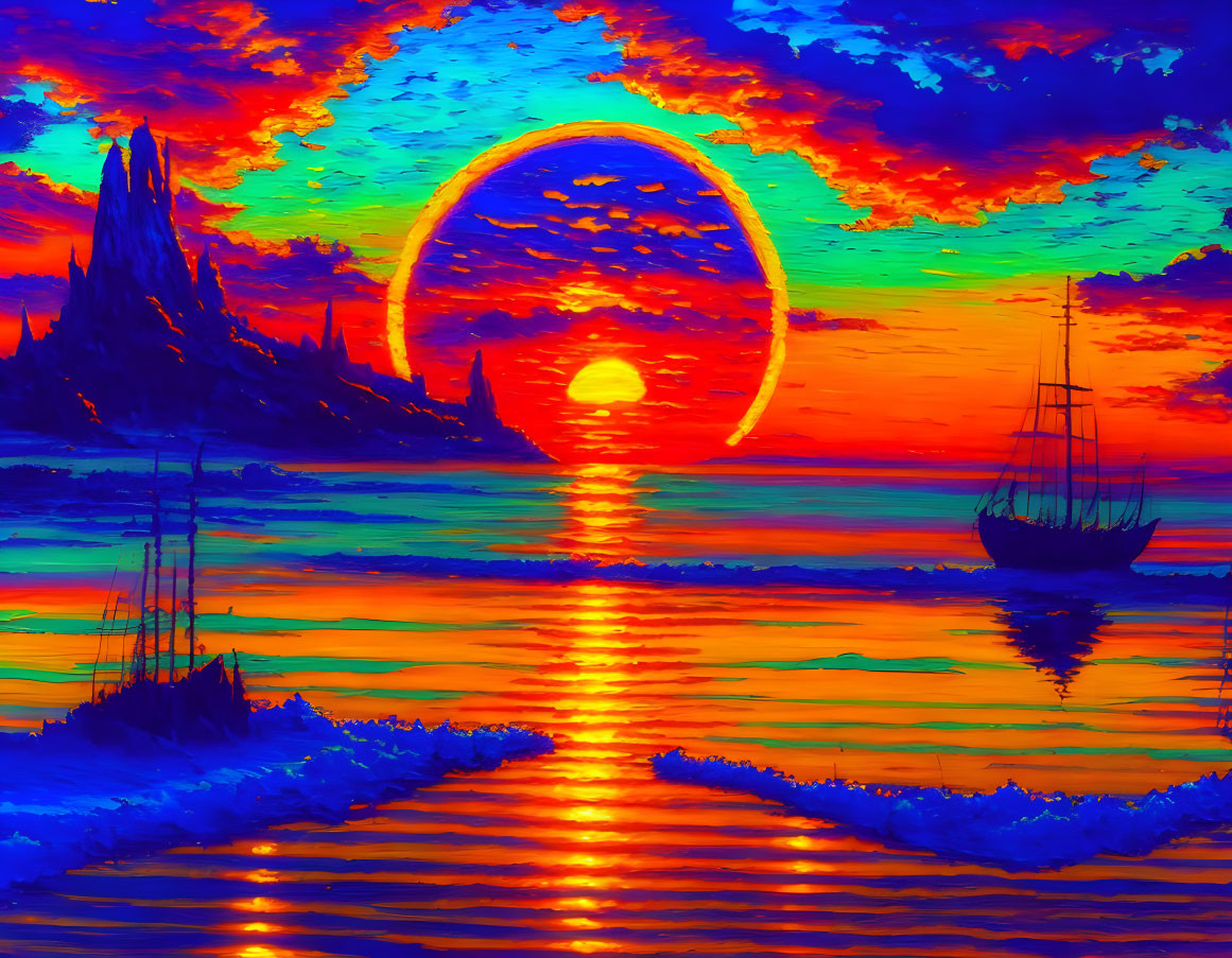 Colorful surreal seascape with setting sun, reflection path, vivid sky, clouds, and sailing ships