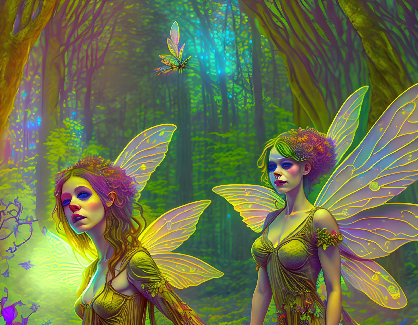 Fantasy fairies with translucent wings in vibrant mystical forest