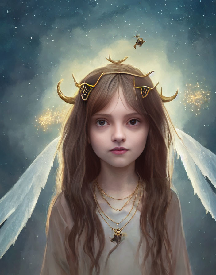 Fantasy portrait: young girl with angel wings, golden crown, starry background, glowing particles