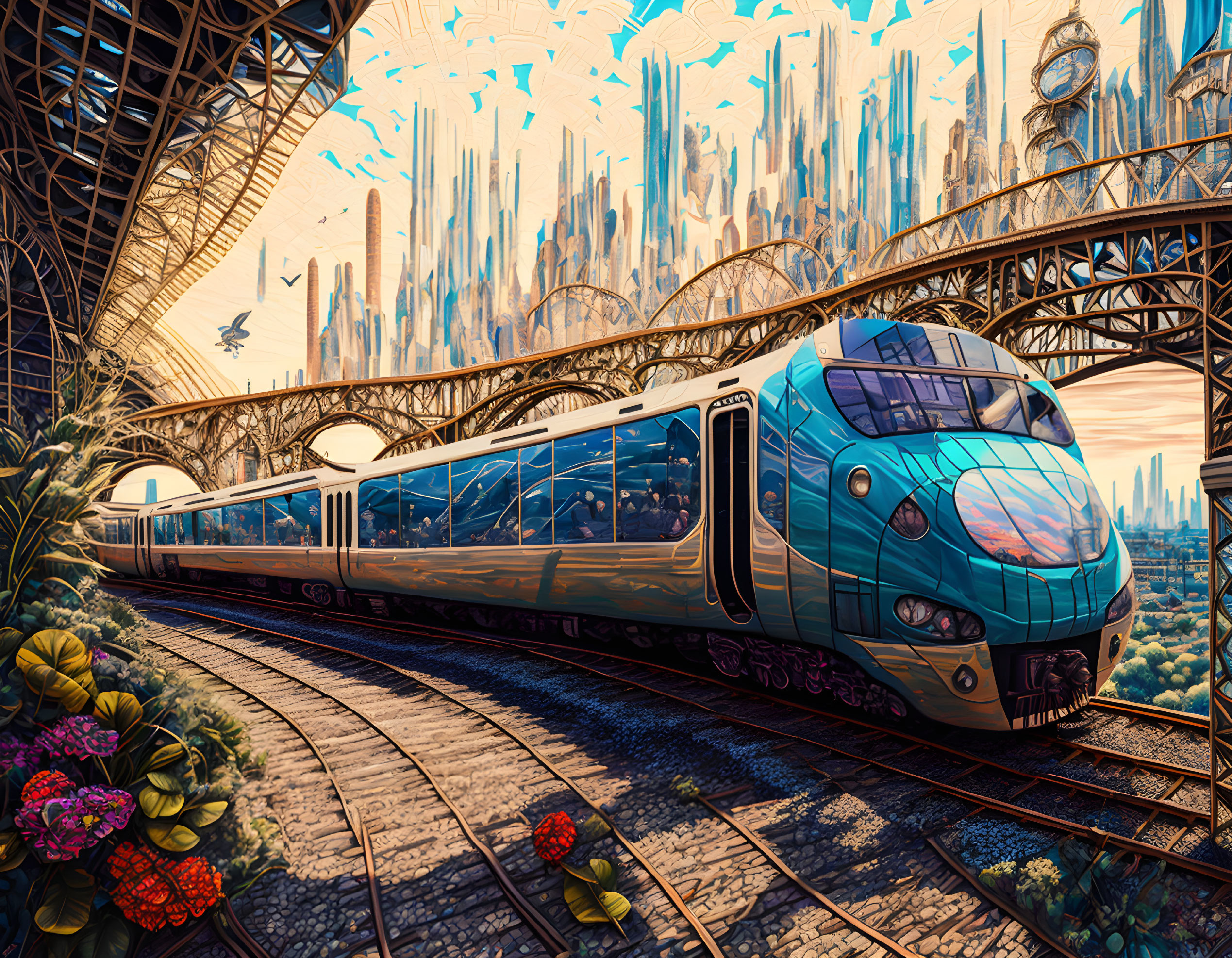 Sleek futuristic train at station with advanced cityscape in warm sky