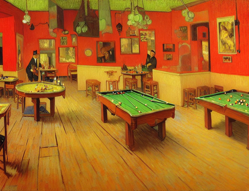 Vintage Pool Hall Painting with Reddish-Orange Walls & Green Tables