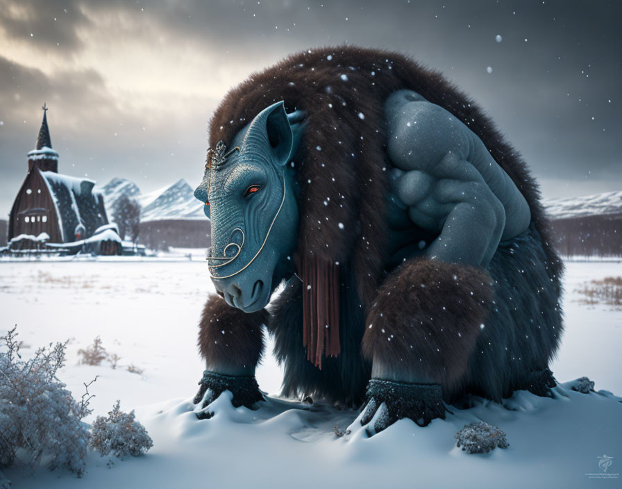 Large, muscular buffalo-like creature in snowy landscape with fantasy building