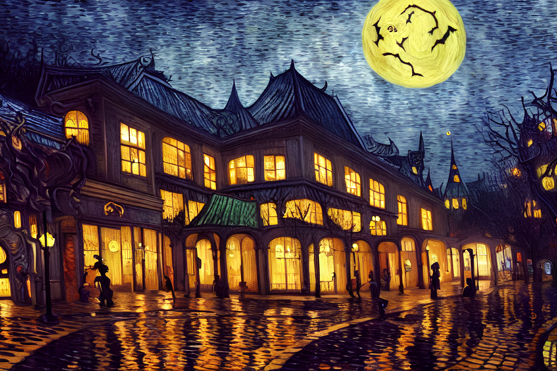 Quaint cobblestone street at night with warm windows and starry sky