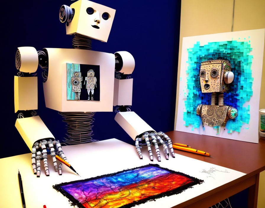 Colorful Robot Drawing at Desk with Vibrant Artwork