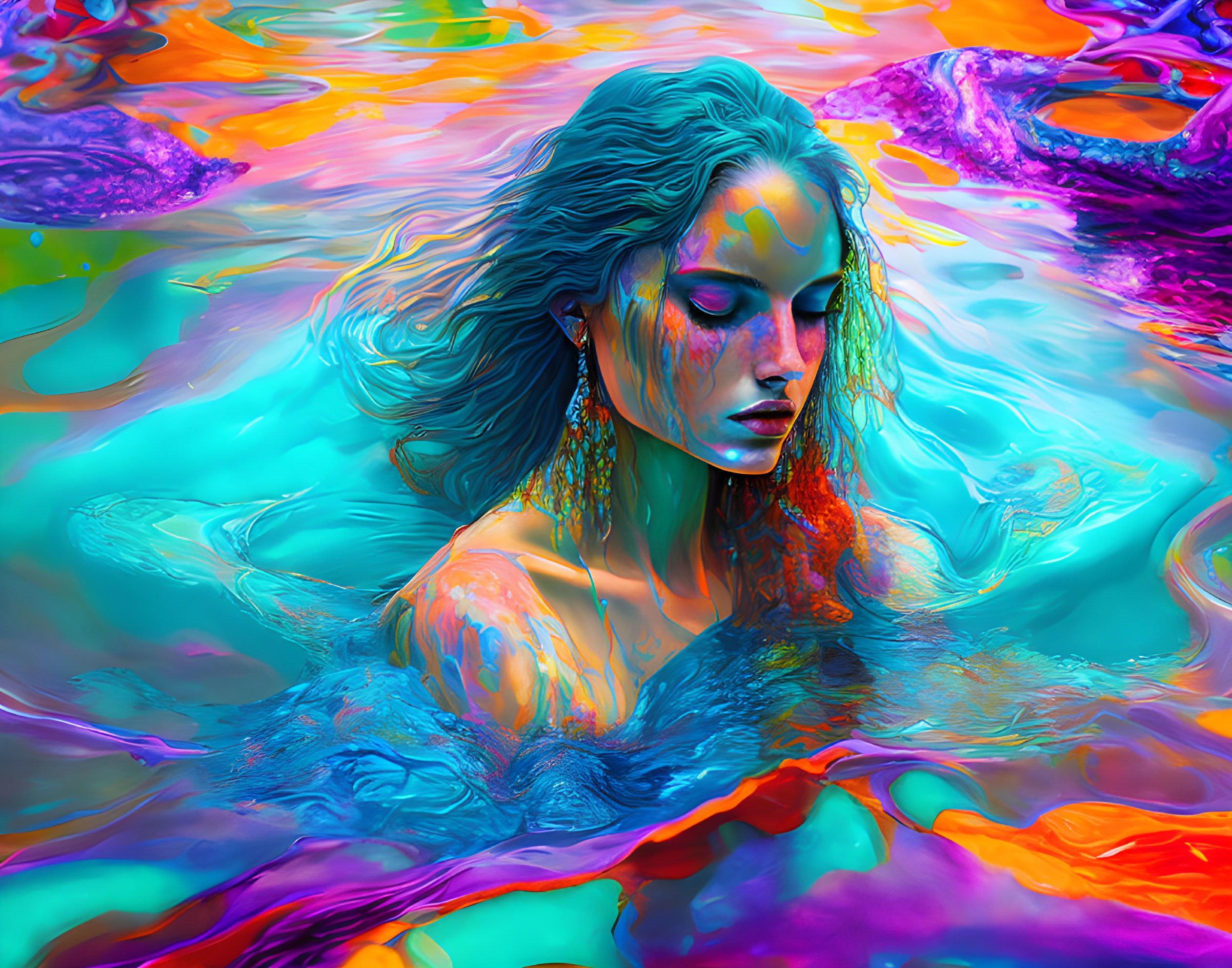 Colorful digital artwork: Woman in swirling, psychedelic water