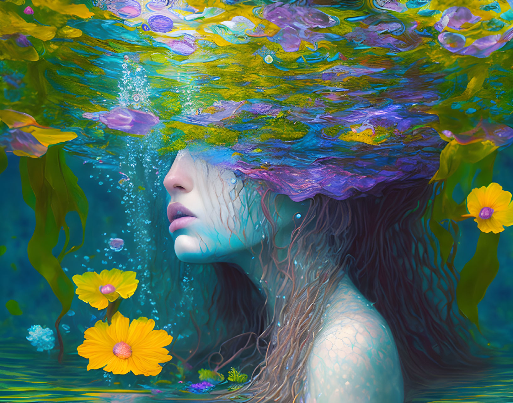 Woman Submerged in Water with Swirling Flowers and Paint