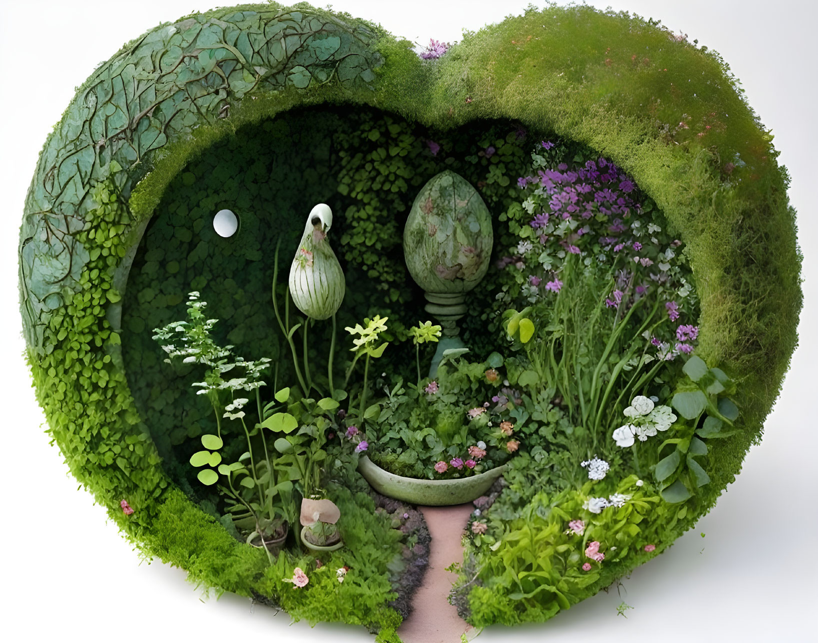 Spiraled hedge garden scene with bird sculpture and ornamental egg