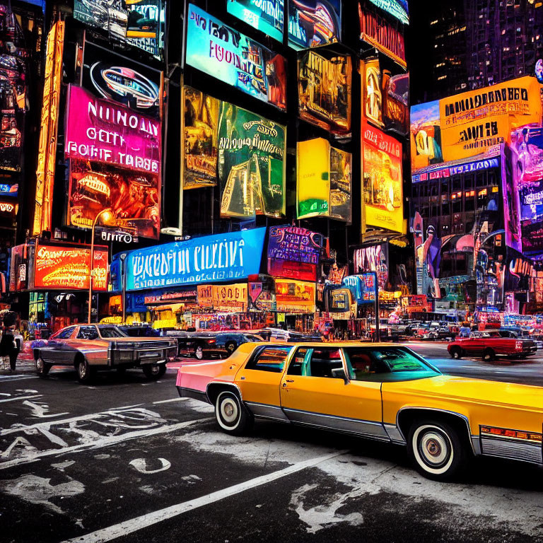 Colorful Times Square scene with neon billboards and yellow taxi in cityscape.