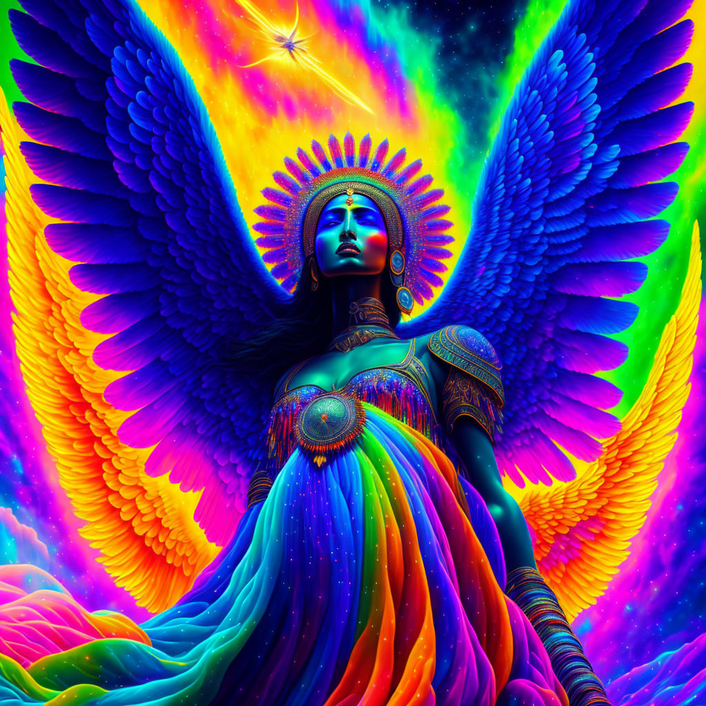 Colorful winged woman illustration on cosmic background.