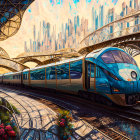 Sleek futuristic train at station with advanced cityscape in warm sky